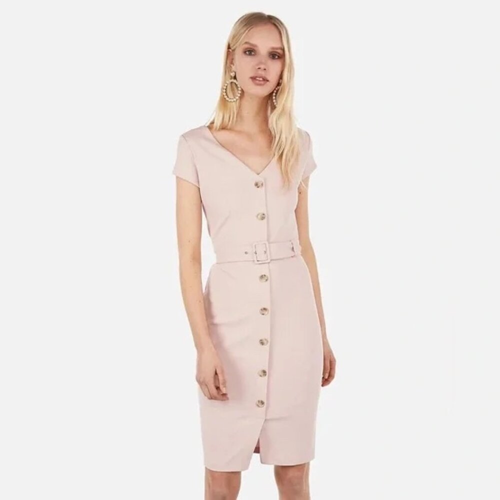 EXPRESS BELTED BUTTON FRONT SHEATH LIGHT PINK DRESS